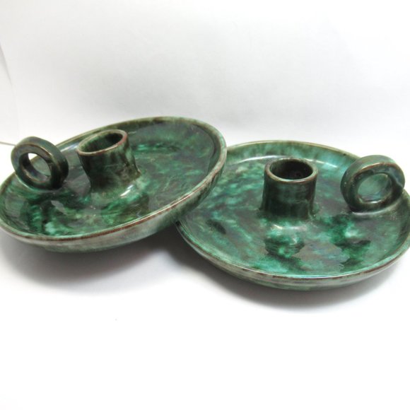 Green Pottery Candle Holders - Picture 1 of 16